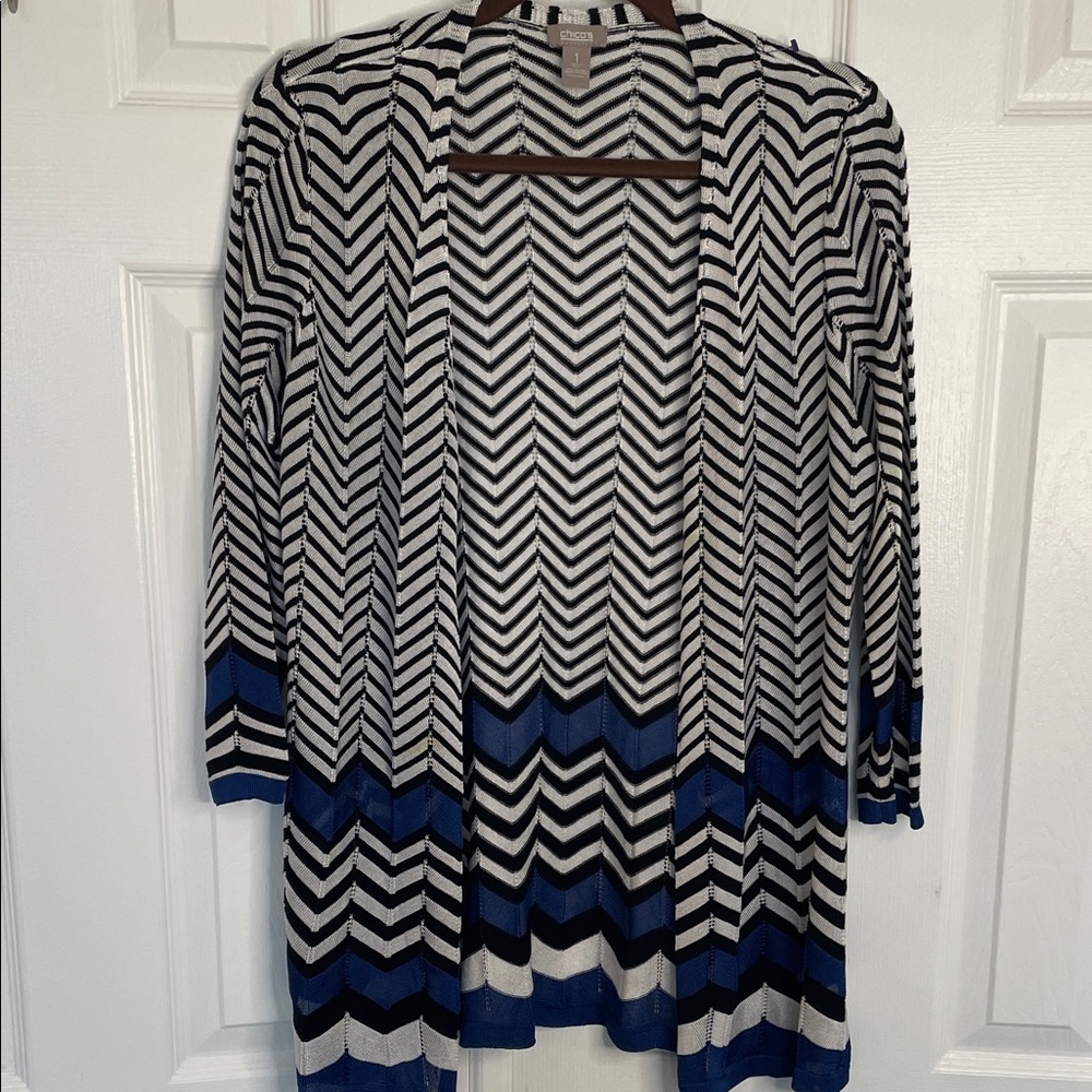 Chico's Chevron 3/4 Sleeve Open Sweater Cardigan Duster Black & Blue Cardigan